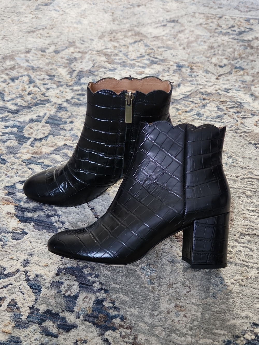 Andre Assous Black Croc-Embossed Ankle Boots Scolloped -Booties